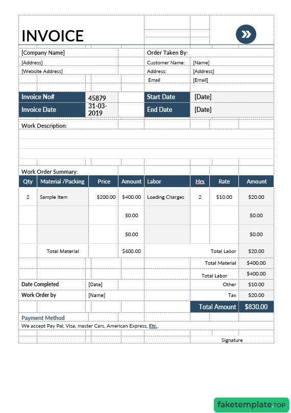 Feature of fake Moving Company invoice example